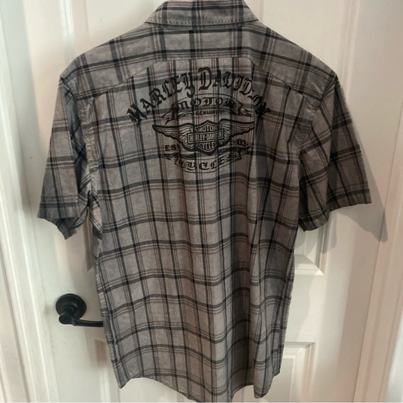 Harley Davidson Shirt Men’s Size M Casual Button Down Gray Plaid Short Sleeve - Picture 8 of 14